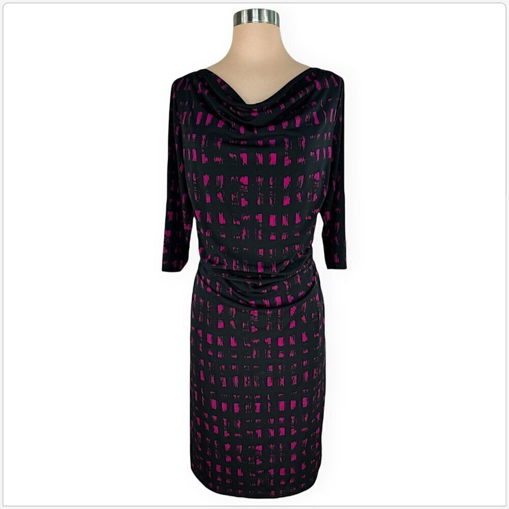 David Meister Black Fuchsia Purple Print Stretch Jersey Draped Ruched Dress 14W